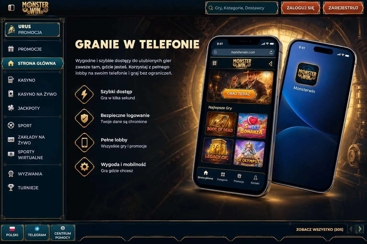 Monsterwin w telefonie: przeglądarka i skrót PWA