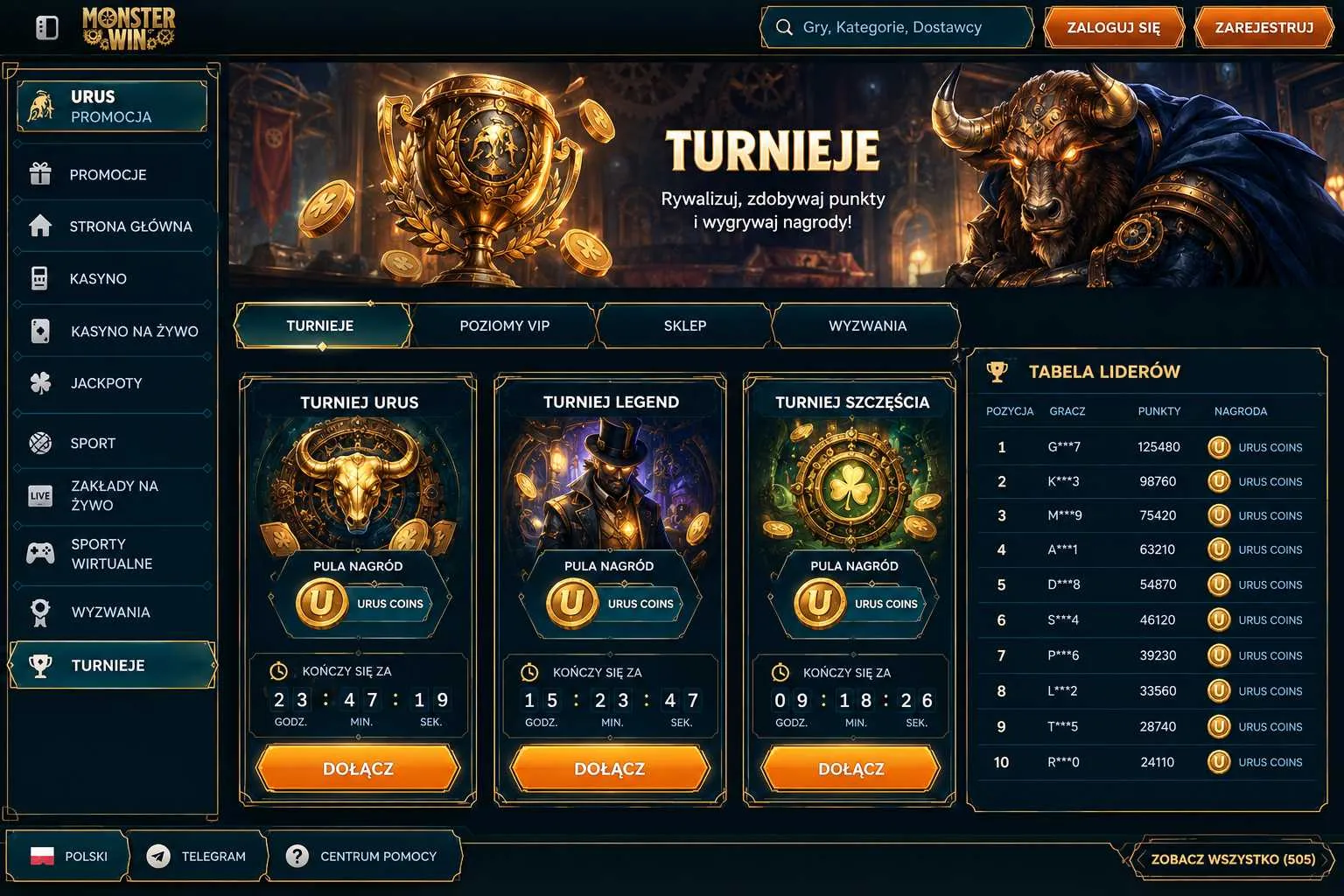 Turnieje, Urus Coins i poziomy VIP w Monsterwin